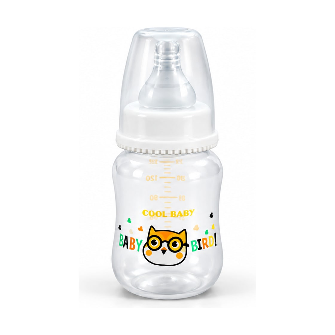 Cool Baby regular-neck feeding bottle 150ml model CB1004 in neutral owl print, front view