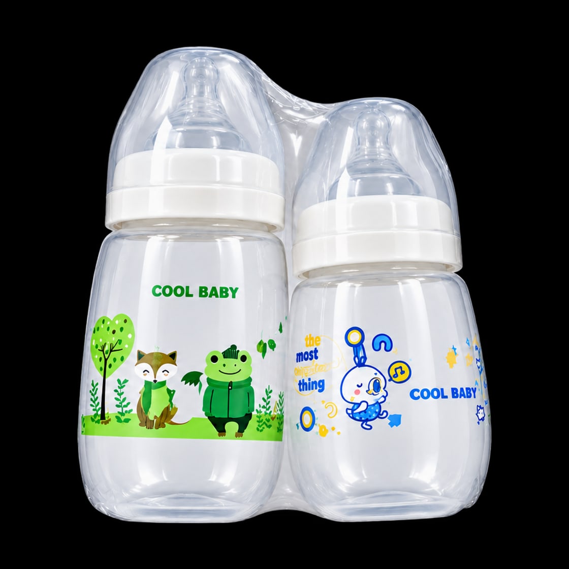 Cool Baby two-piece wide-neck bottle gift set model CB1468 in green & blue, front view