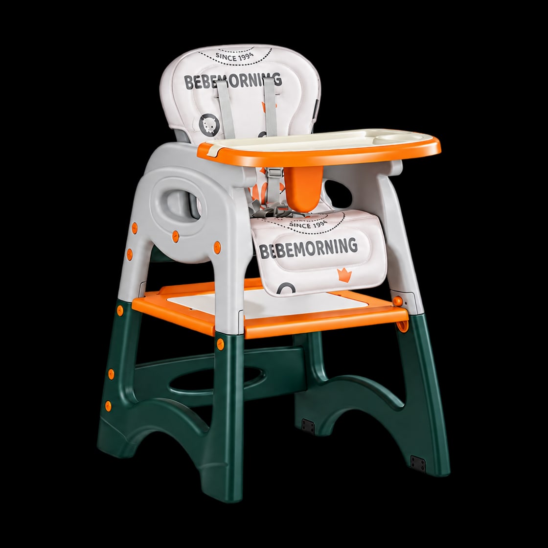 High chair model 7-1 in green & orange, front view