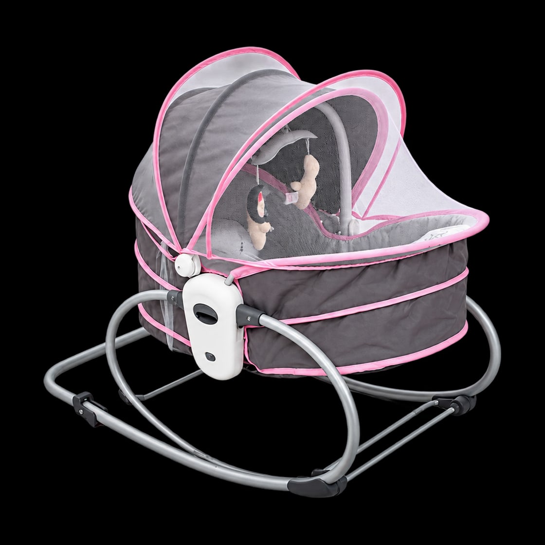 Baby rocker model PACE NET 5-IN-1 in pink & grey, front view