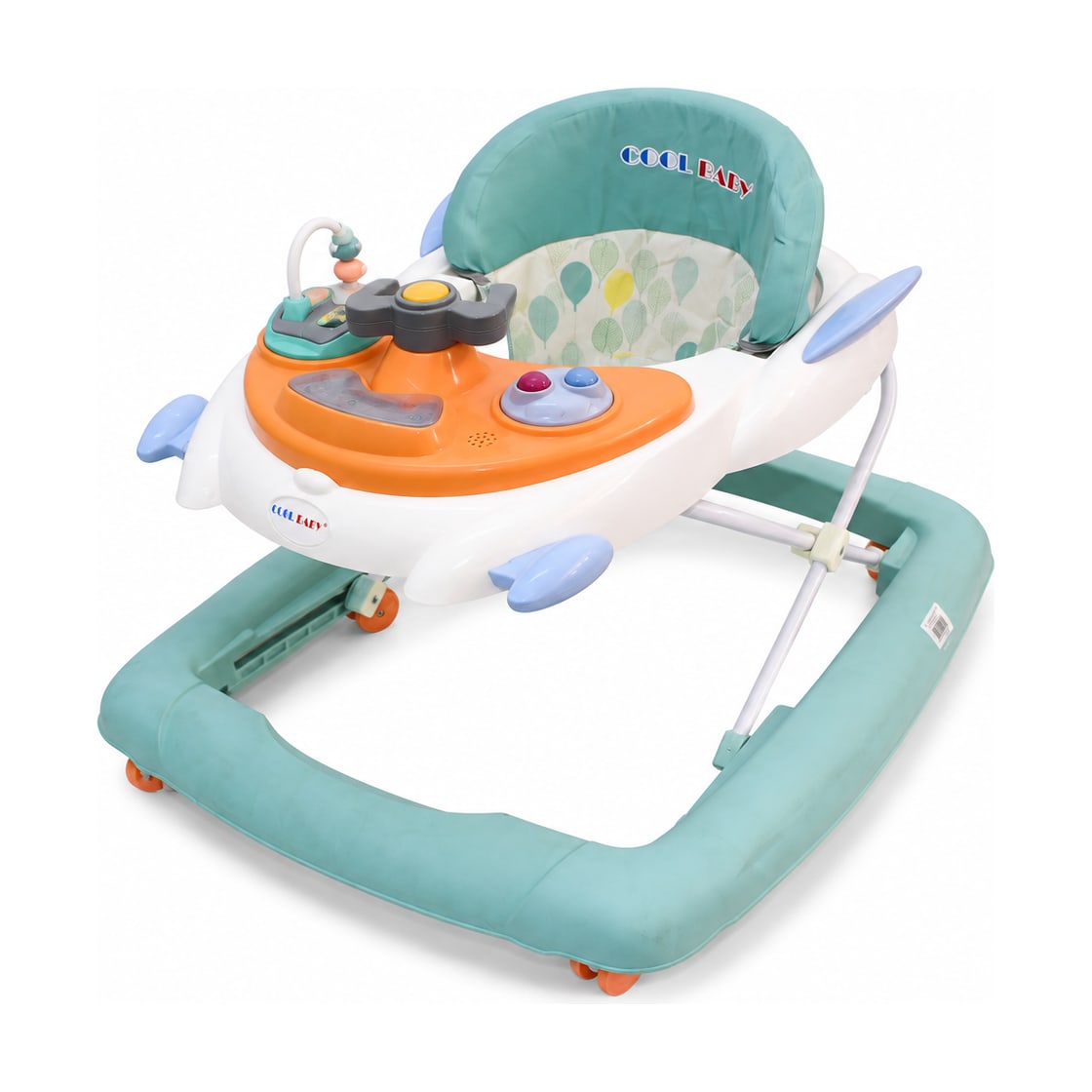 Activity baby walker model 110 in aqua & orange, front view